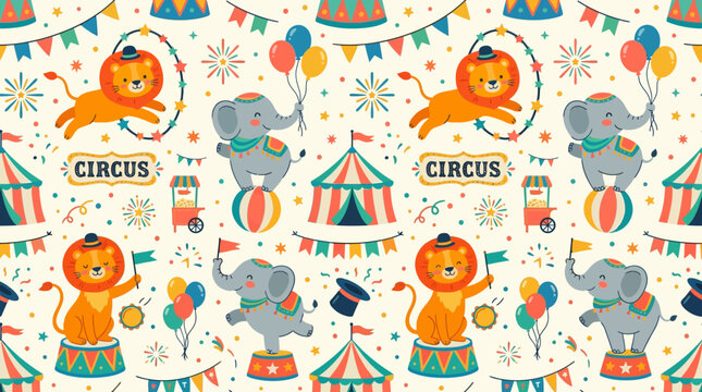 Cute circus seamless pattern, lions, elephants and carnival decorations, colorful playful flat vector illustration