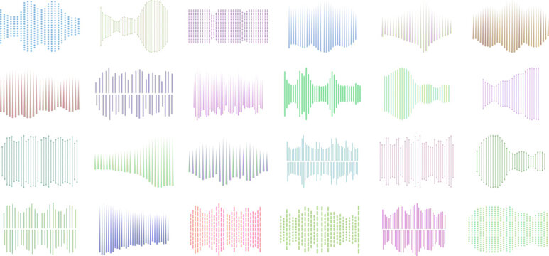 Abstract sound wave collection with 24 colorful audio spectrum icons, vibrant digital signal frequency bars in pastel gradients, modern music equalizer visualization set for podcast and radio