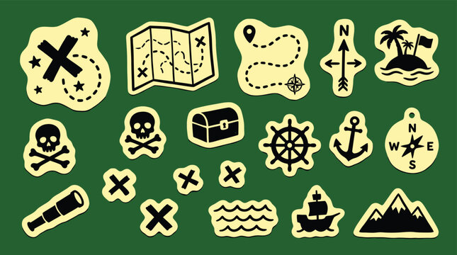 Vintage green background collection irregular light yellow paper cut sticker solid black treasure map icon cross mark route arrow vector