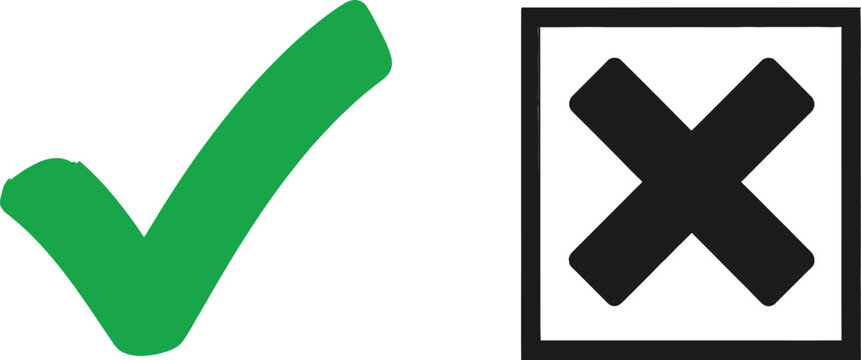 Green check mark and black x cross inside a square box icon set Vector