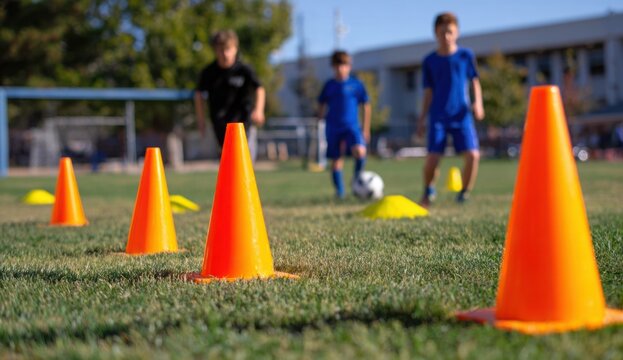 Young soccer players practicing skills on a lush green field with colorful cones and a bright sunny sky, focused on training and coordination