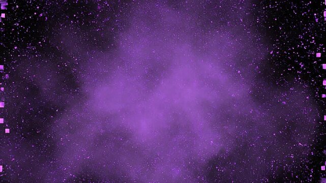 A dynamic VFX transition featuring purple square pixels flying in from the edges, congregating in the center, and exploding into a fine, glowing violet pixel dust cloud