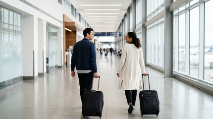 Fototapeta premium Diverse couple walking with suitcases in bright modern airport terminal.