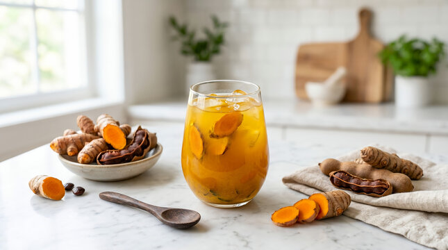 A refreshing glass of traditional Indonesian kunyit asam drink made from fresh turmeric and tamarind, served on a modern white marble kitchen table.