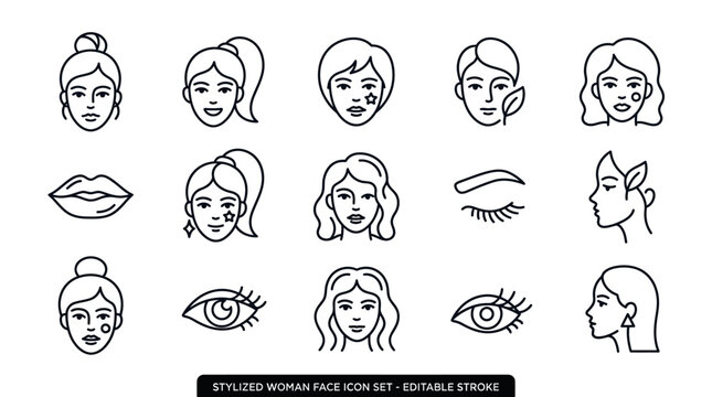 Faces and eyes of women line art.