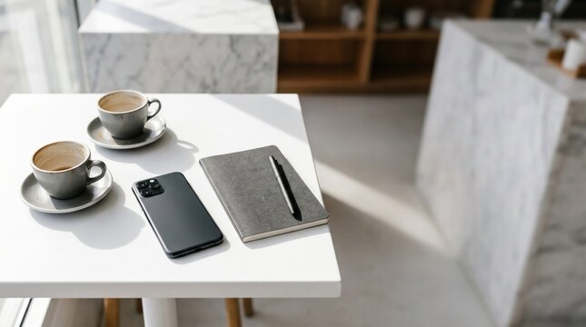 Two coffee cups with smartphone and notebook on table during business meeting.