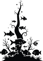 Fototapeta premium Black Fish Swimming Around Dead Tree Silhouette on White Background