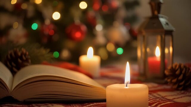 Enchanting Christmas evening scene with an open book, flickering candlelight, festive pinecones, and a beautifully decorated holiday tree creating a warm, cozy atmosphere for seasonal reflection