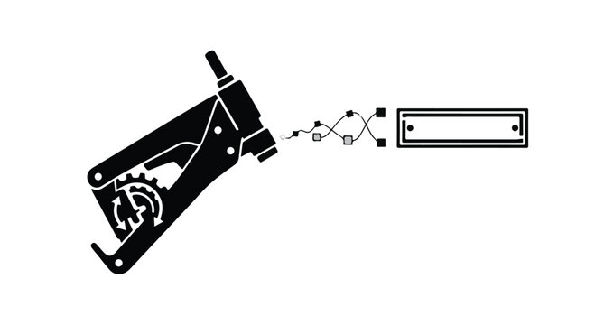 black and white illustration of robotic arm assembling parts