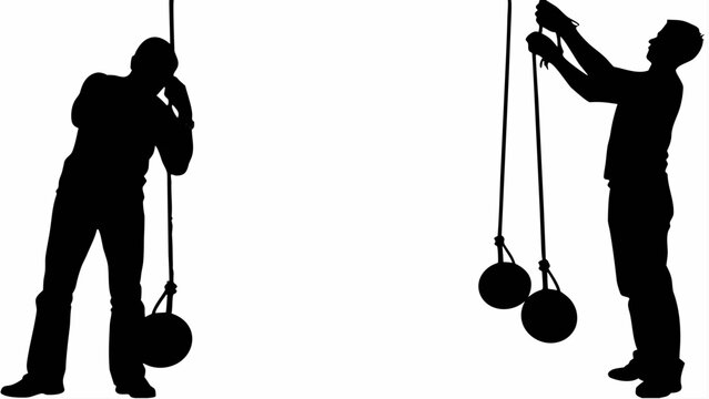 Silhouette of two clockmakers repairing giant clock mechanism with pendulums and tools in a dark and mysterious atmosphere