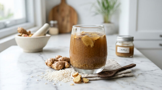 Traditional Indonesian beras kencur herbal drink in a glass, aromatic ginger roots, and rice starch. served on a modern kitchen table.
