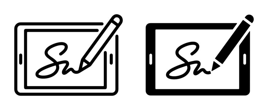 Digital Signature Icons, Electronic Signing Tablet and Stylus, Contract Approval, Legal Document Verification, Business Technology