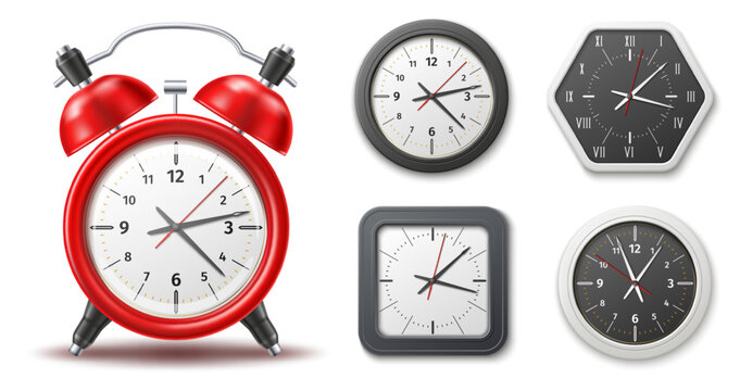 Realistic wall clocks with alarms. 3D watch featuring dials in various shapes. Square, round and polygonal frames of office timepieces. Time measurement. Vector isolated timers set