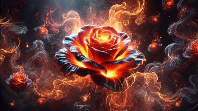 Glowing rose motion art with fiery petals in dark scene