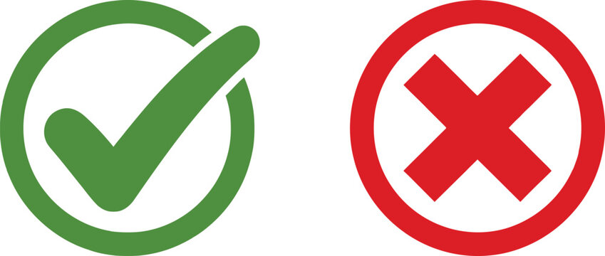 Green check mark and red cross sign icons representing correct and incorrect choices Vector