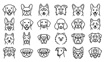Minimalist black line art vector icon set of cute dog faces, various popular breeds including German Shepherd, Bulldog, Poodle, Husky, Labrador, Pug, Beagle, Shiba Inu and more, different expressions  © MDSUJON