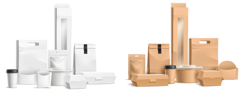 Realistic packaging for food from delivery restaurants. Disposable 3D containers mockup. White paper bags. Craft boxes. Cardboard snack packs group. Vector packages set for fastfood order