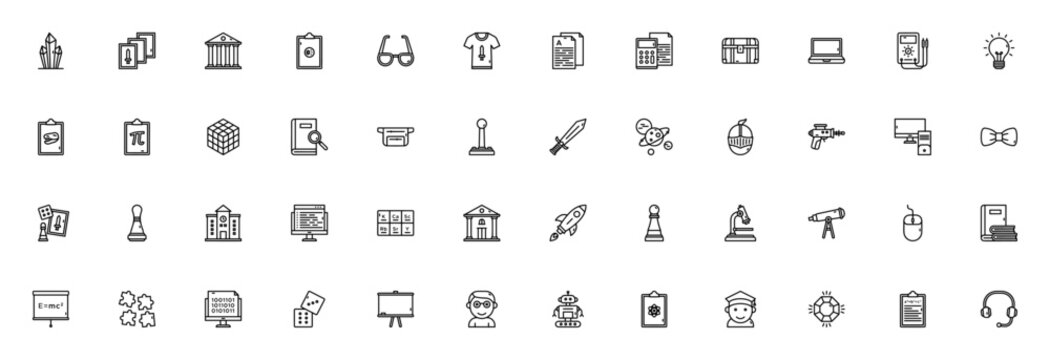 Nerd icon set. Minimal line vector icons. Editable stroke. Featuring symbols for nerd, science, education, gaming, math, technology, books, and more.