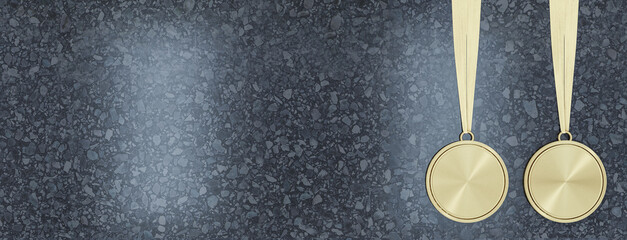Two gold medal mockup hanging on ribbons over dark textured stone background in clean empty contemporary style for creative design template branding. 3D Rendering