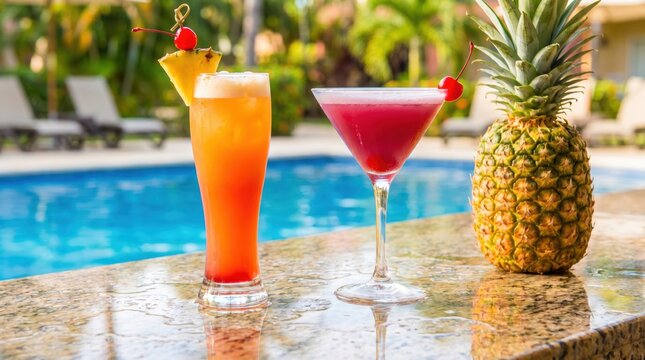 Two tropical cocktails with pineapple and cherries on a poolside bar counter with a swimming pool in the background