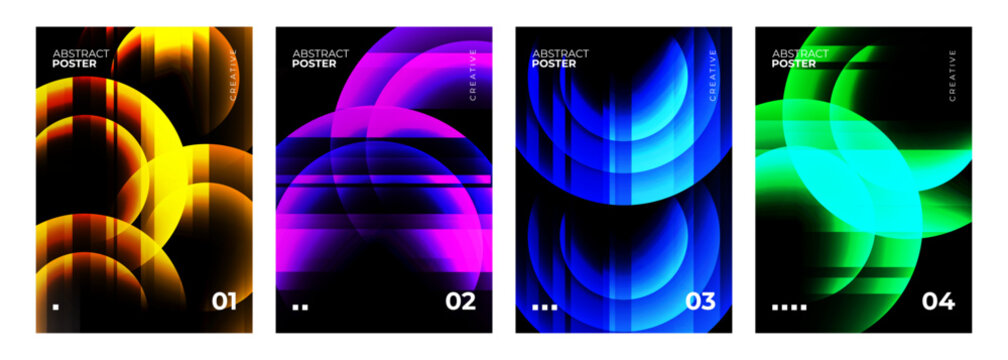 Futuristic abstract posters collection. Bright colored circle shapes. Vibrant blurred neon gradient light effect. Creative graphic designs. Vector illustration.