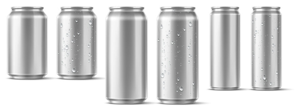 Realistic metal cans both clean and with condensation droplets. Containers for cold drinks. Disposable aluminum bottles for beer and lemonade. Cola tins. 3D package mockups vector set