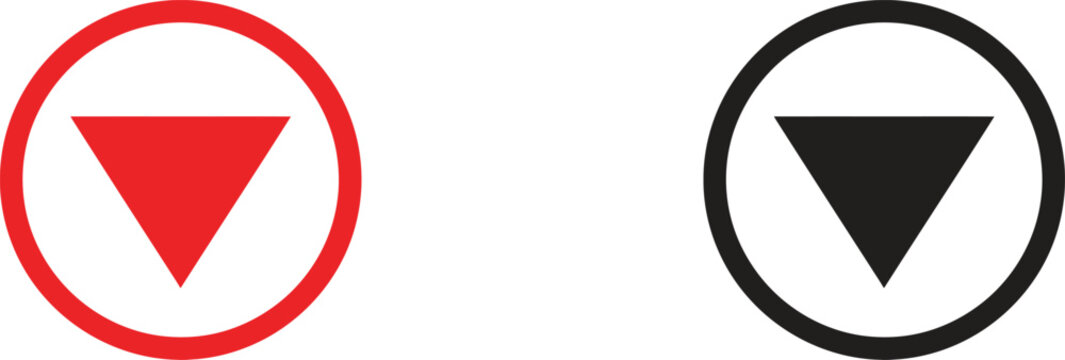 Red and black downward pointing triangle arrow icons in circular frames Vector