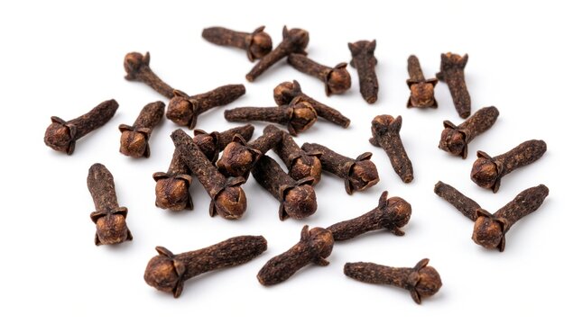 Close-up macro shot of whole dried cloves dispersed randomly showing detailed flower bud structures and dark mahogany tones