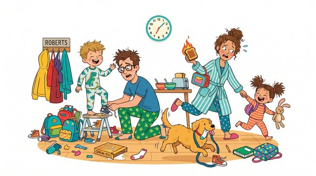 A stressed young family rushes through their chaotic morning routine while getting ready for school and work in this vibrant and humorous colorful cartoon style image.