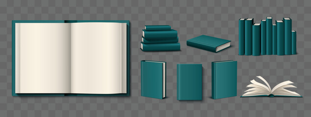 Naklejka premium Realistic book mockup with color illustrations. 3D textbook template featuring elegant design. Dark blue hardcover or ivory colored pages. Literature top and front view. Library vector set