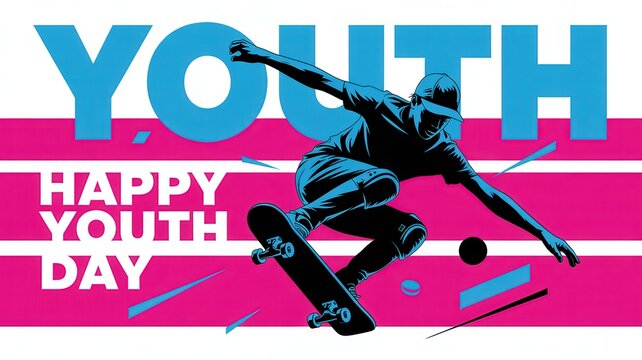 Happy youth day poster with a silhouette of a skateboarder performing a trick