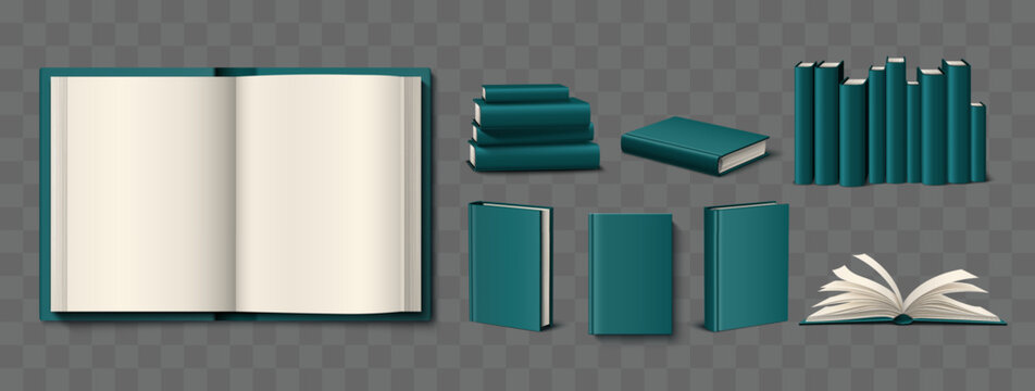 Realistic book mockup with color illustrations. 3D textbook template featuring elegant design. Dark blue hardcover or ivory colored pages. Literature top and front view. Library vector set