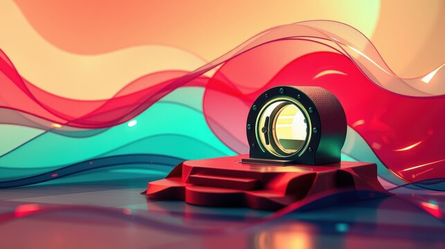 Abstract rendering showcases bearing atop pedestal. Vibrant waves form colorful backdrop. Modern design, smooth gradients, dynamic composition.