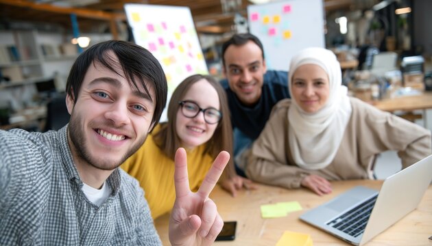 A group of diverse young professionals, including a woman in a hijab, smiling for a selfie in a modern office. Concept of inclusive workplace, teamwork, and business success.