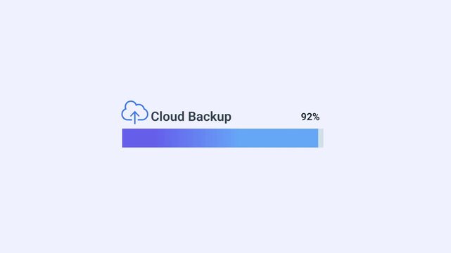 Minimal cloud backup animation with cloud icon and loading progress bar, showing data synchronization process in a clean digital interface.