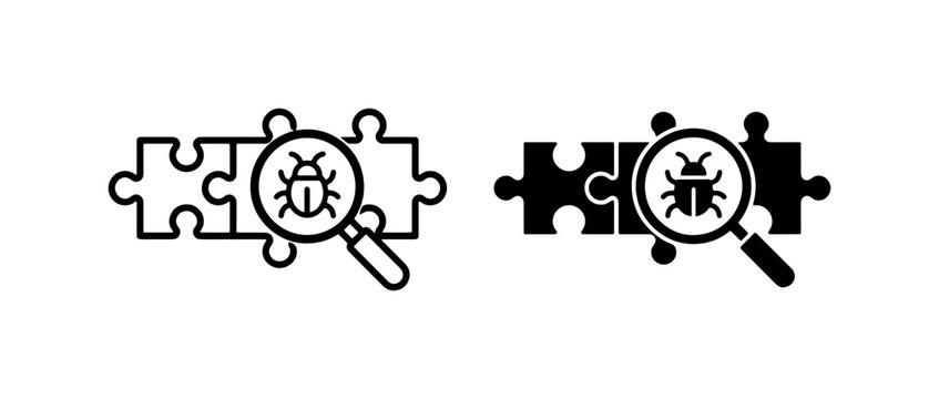 Bug Search Puzzle Icons, Debugging Software Analysis, Problem Solving Concepts, Technology Research