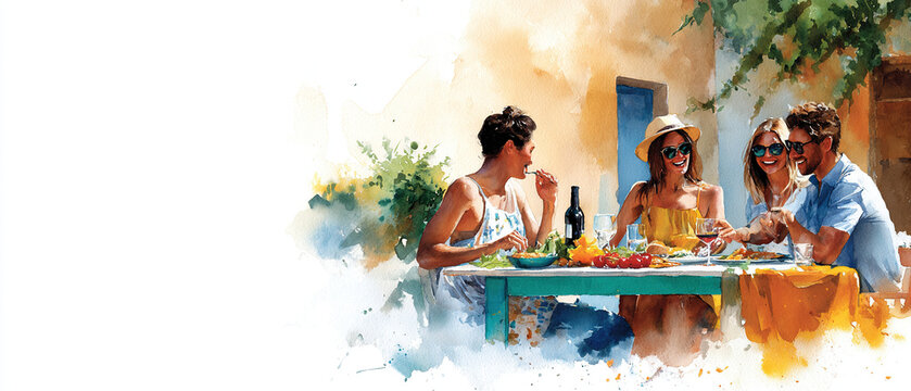 A group of friends laughing and sharing a meal around a vibrant, mismatched table set in a sun-drenched courtyard with bohemian chic elements, a joyful and convivial mood