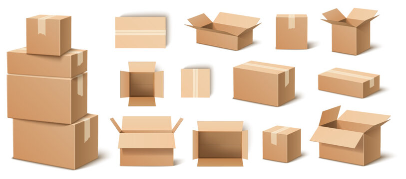 Realistic boxes. 3D cardboard packaging templates. Open and closed packing. Various view angles. Shipping containers. Postal delivery. Transportation packages. Paper objects vector set