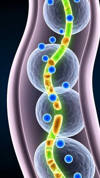 Detailed Illustration of Cellular Structures With Interacting Blue and Yellow Molecules Emphasizing Health and Medical Concepts for Biomedical Research and Education