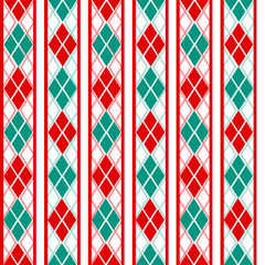 Obraz premium Festive seamless argyle stripe pattern with red, green and white diamond shapes. Classic holiday inspired geometric design ideal for Christmas fabric, wrapping paper and seasonal decorations.