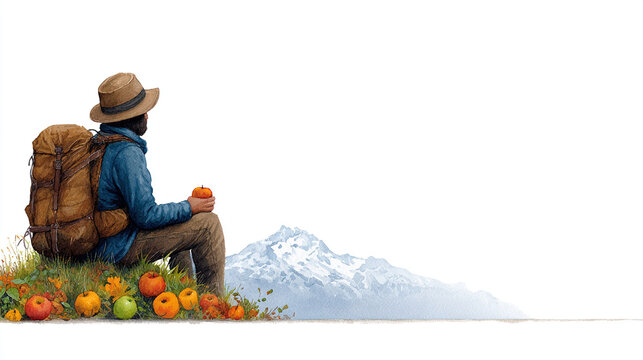 A backpacker munches on fresh fruit while overlooking a breathtaking mountain vista, with vibrant colors and rustic textures, a sense of awe and contentment