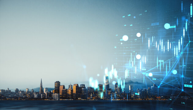Digital financial market chart overlay above illuminated city skyline in San Francisco California at dusk showing abstract data trends in economy.