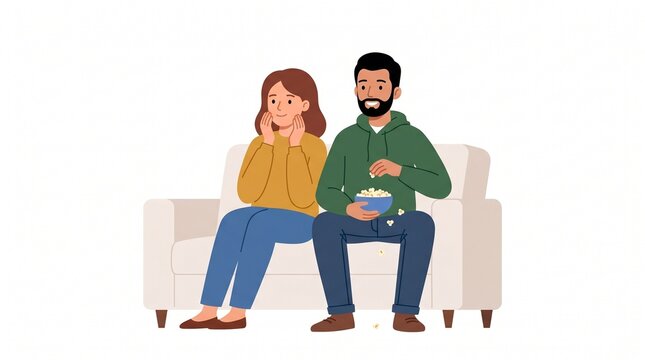 A happy young couple sits together on a comfortable sofa while eating delicious popcorn and watching an exciting movie in this colorful flat illustration style image.