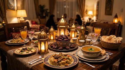 Fototapeta premium Luxurious Ramadan family dinner table with traditional Middle Eastern food, lanterns, dates, and warm cozy lighting celebrating iftar at home.