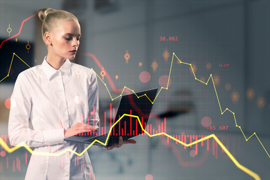 Businesswoman analyzing digital financial charts on laptop. Professional scene with market data overlay. Dynamic corporate background.