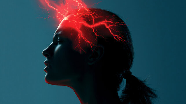Woman suffering from severe migraine with red lightning depicting brain pain. Concept of headache, stress, neurological disorder and chronic health problem. Medical healthcare visual.