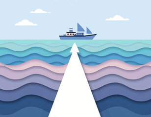 Naklejka premium Ship in sea with white arrow pointing direction, navigation concept 