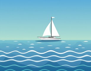 Fototapeta premium Marine vector landscape with boat on sea 