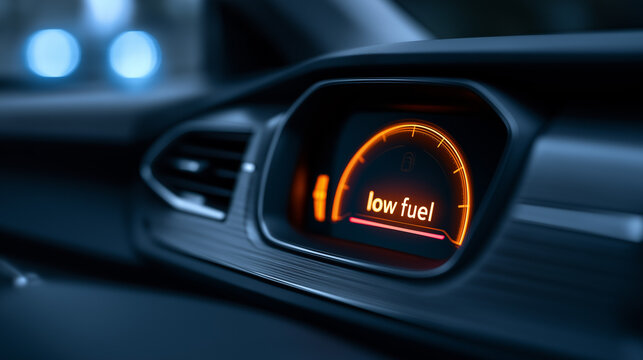 Car dashboard showing low fuel warning light on the instrument cluster. Digital gas gauge indicating empty tank needs refueling. Automotive maintenance and transportation alert concept.