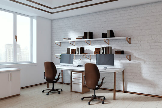 Modern empty office workspace with dual desks, chairs, shelves, computers, bright window city view interior setup. 3D Rendering